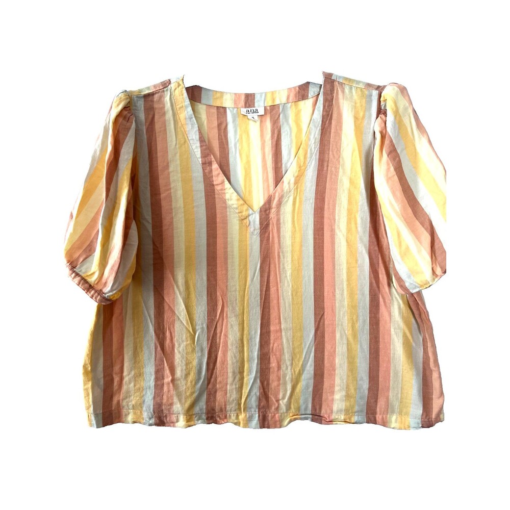 a.n.a. Ladies Multi Striped V-Neck Top with Puffy Sleeves SIZE XL